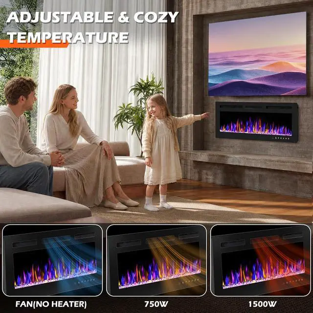 Alt view image 4 of 7 - 50" Electric Fireplace Wall Mounted and Recessed 750/1500w W/Remote Control