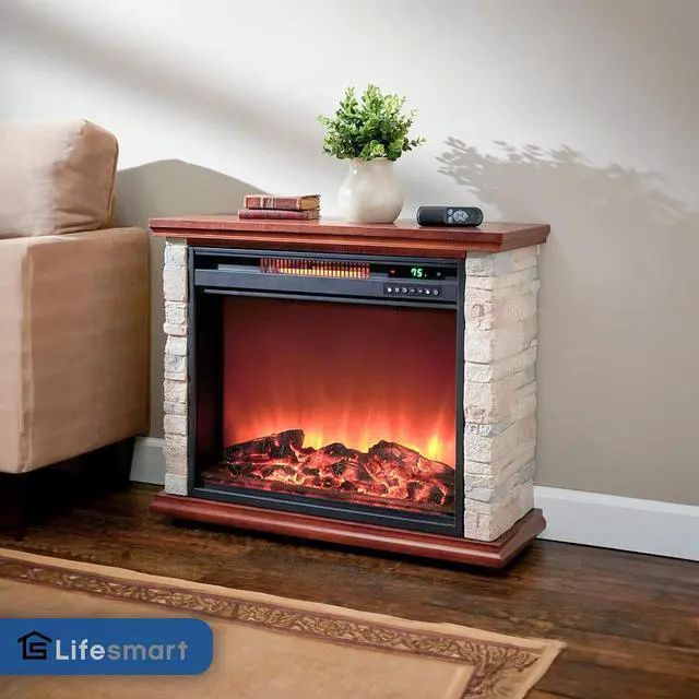 Alt view image 2 of 7 - LifeSmart Electric Fireplace Heater w/ 3 Heating Elements, 1500W, Faux Stone & Oak Wood - Mounted Indoor Infrared Heater for Home, Bedroom, and Living Room