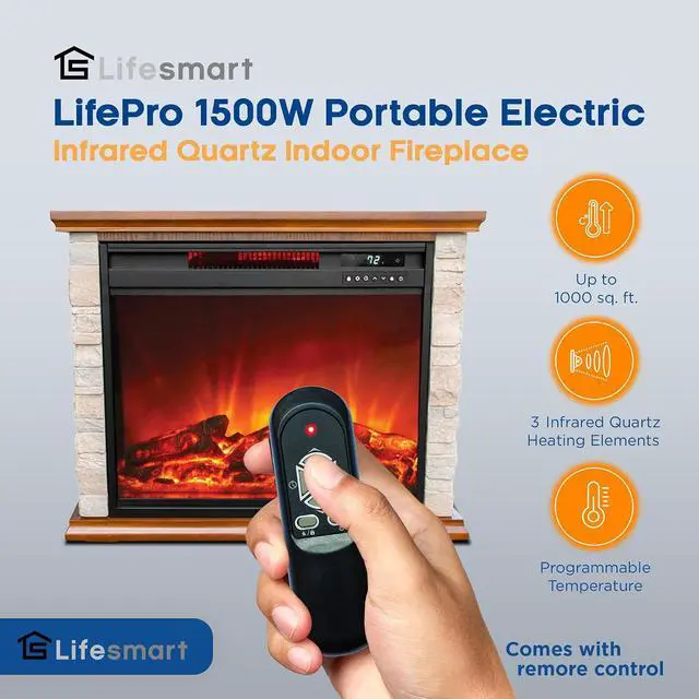 Alt view image 3 of 7 - LifeSmart Electric Fireplace Heater w/ 3 Heating Elements, 1500W, Faux Stone & Oak Wood - Mounted Indoor Infrared Heater for Home, Bedroom, and Living Room