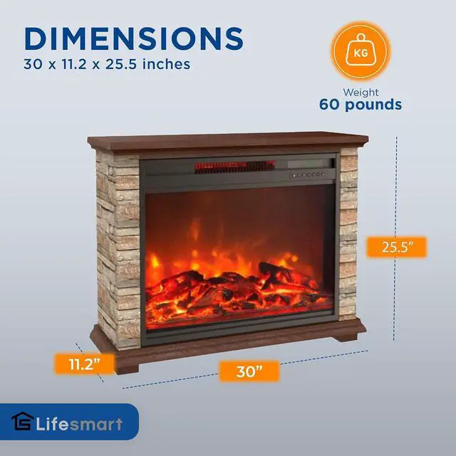 Alt view image 4 of 7 - LifeSmart Electric Fireplace Heater w/ 3 Heating Elements, 1500W, Faux Stone & Oak Wood - Mounted Indoor Infrared Heater for Home, Bedroom, and Living Room