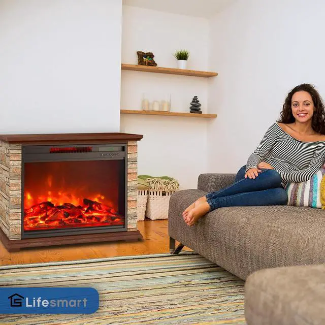 Alt view image 6 of 7 - LifeSmart Electric Fireplace Heater w/ 3 Heating Elements, 1500W, Faux Stone & Oak Wood - Mounted Indoor Infrared Heater for Home, Bedroom, and Living Room