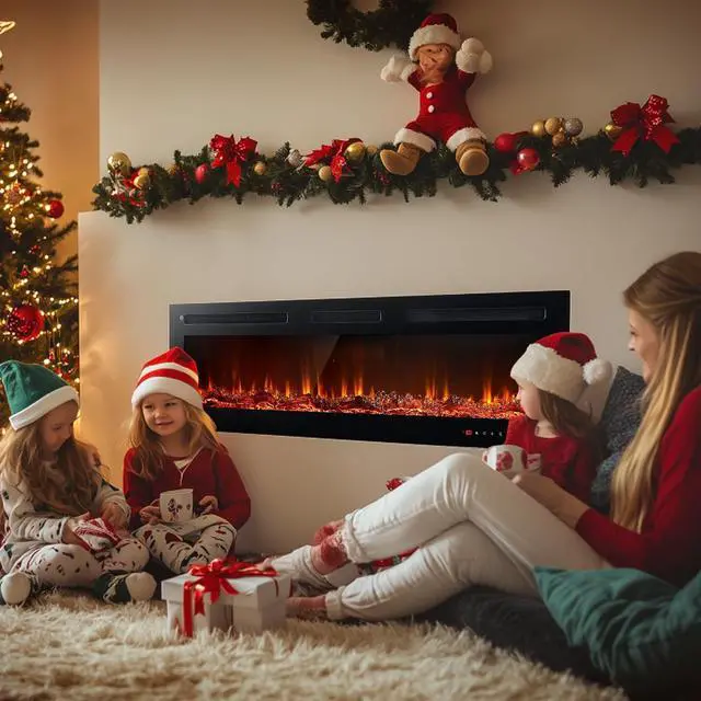 Alt view image 2 of 7 - oneinmil Electric Fireplace, 50 inch Wide Recessed/Wall Mounted Electric Fireplace, Remote Control with Timer 12 Adjustable Color Flame, Remote Control,with Crystal Stone, 750/1500W