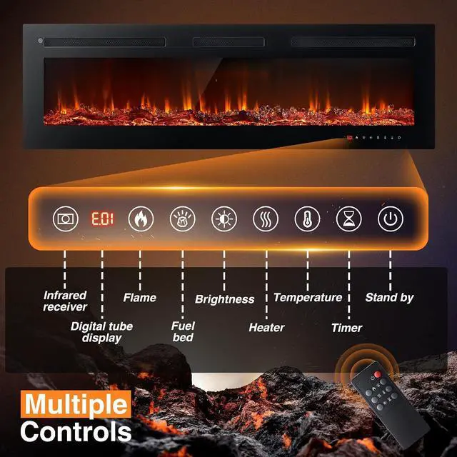 Alt view image 3 of 7 - oneinmil Electric Fireplace, 50 inch Wide Recessed/Wall Mounted Electric Fireplace, Remote Control with Timer 12 Adjustable Color Flame, Remote Control,with Crystal Stone, 750/1500W