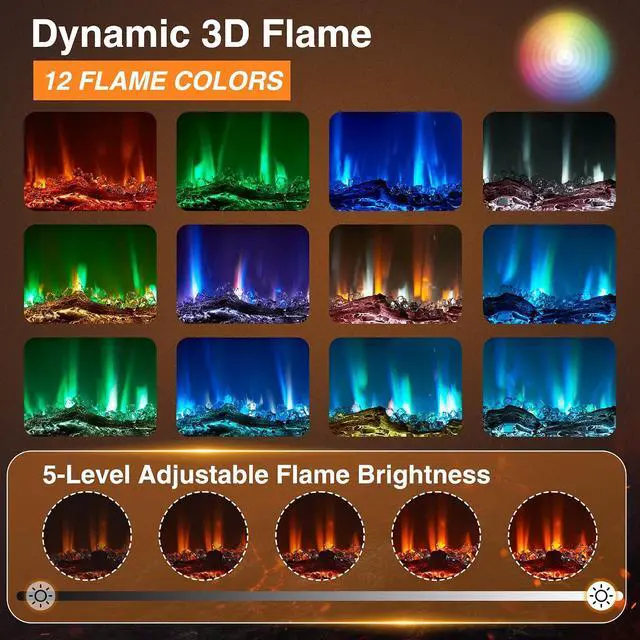 Alt view image 4 of 7 - oneinmil Electric Fireplace, 50 inch Wide Recessed/Wall Mounted Electric Fireplace, Remote Control with Timer 12 Adjustable Color Flame, Remote Control,with Crystal Stone, 750/1500W