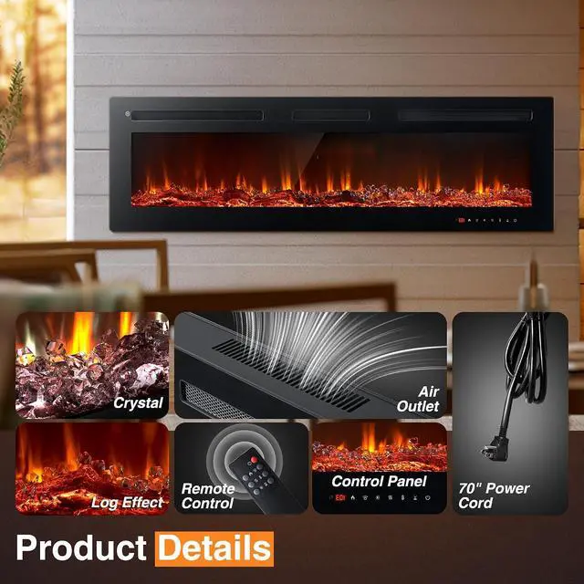 Alt view image 5 of 7 - oneinmil Electric Fireplace, 50 inch Wide Recessed/Wall Mounted Electric Fireplace, Remote Control with Timer 12 Adjustable Color Flame, Remote Control,with Crystal Stone, 750/1500W