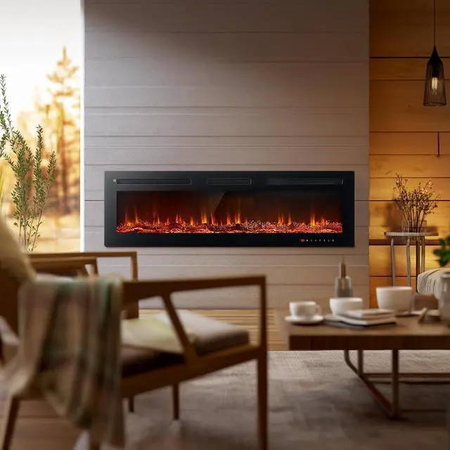 Alt view image 7 of 7 - oneinmil Electric Fireplace, 50 inch Wide Recessed/Wall Mounted Electric Fireplace, Remote Control with Timer 12 Adjustable Color Flame, Remote Control,with Crystal Stone, 750/1500W