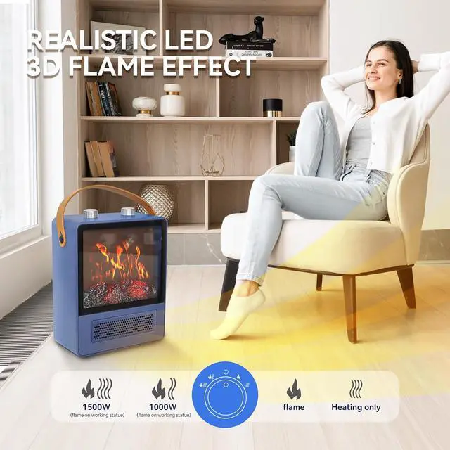 Alt view image 4 of 7 - TEMPWARE Electric Fireplace Heater with Realistic 3D Flame Effect, Blue