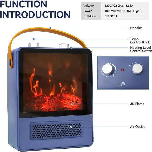 Alt view image 6 of 7 - TEMPWARE Electric Fireplace Heater with Realistic 3D Flame Effect, Blue