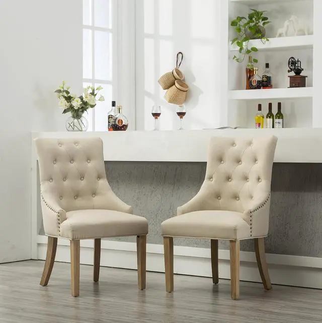 Alt view image 2 of 7 - Roundhill Furniture Button Tufted Solid Wood Wingback Hostess Chairs with Nail Heads, Set of 2, Tan, White, "Tan, 24D x 22W x 39H in