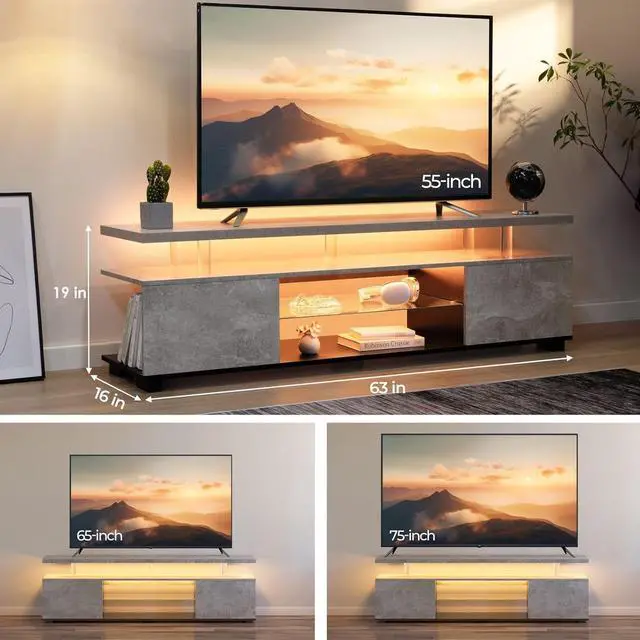 Alt view image 2 of 6 - Cubehom Grey TV Stand for 70" TV, LED Entertainment Center with Storage