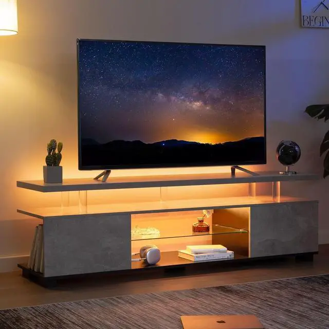 Alt view image 6 of 6 - Cubehom Grey TV Stand for 70" TV, LED Entertainment Center with Storage