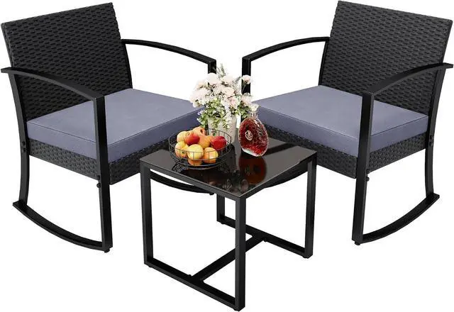 Main image of Greesum 3 Pieces Outdoor Furniture Set Patio Bistro Rocking Chairs with Glass Coffee Table for Pool Beach Backyard Balcony Porch Deck Garden, Gray