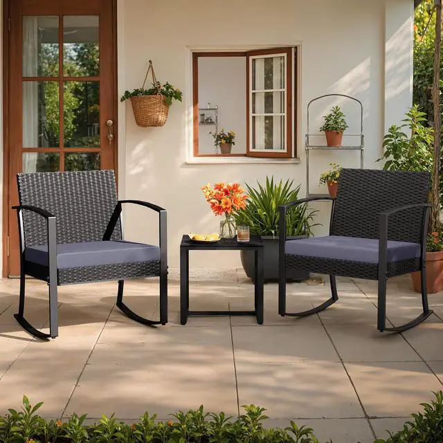 Alt view image 6 of 7 - Greesum 3 Pieces Outdoor Furniture Set Patio Bistro Rocking Chairs with Glass Coffee Table for Pool Beach Backyard Balcony Porch Deck Garden, Gray