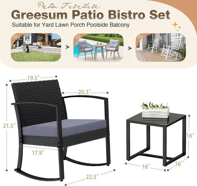 Alt view image 7 of 7 - Greesum 3 Pieces Outdoor Furniture Set Patio Bistro Rocking Chairs with Glass Coffee Table for Pool Beach Backyard Balcony Porch Deck Garden, Gray