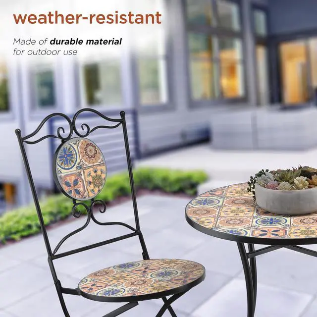 Alt view image 4 of 7 - Alpine Corporation Indoor/Outdoor Mediterranean Tile Design Set Table and Chairs Patio Seating