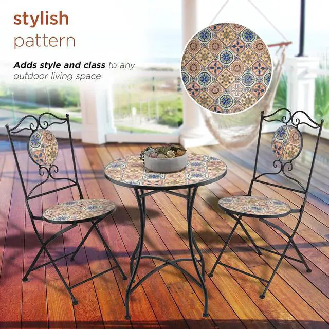 Alt view image 6 of 7 - Alpine Corporation Indoor/Outdoor Mediterranean Tile Design Set Table and Chairs Patio Seating