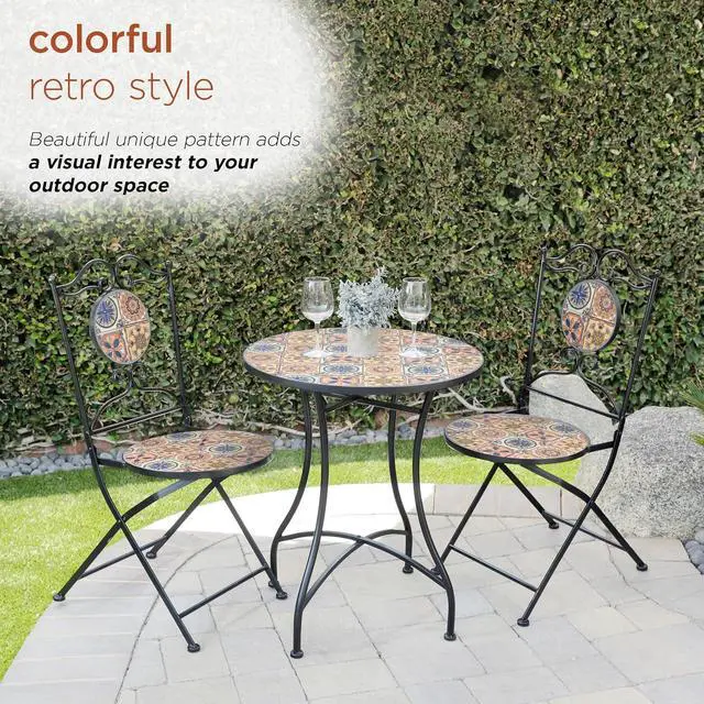 Alt view image 7 of 7 - Alpine Corporation Indoor/Outdoor Mediterranean Tile Design Set Table and Chairs Patio Seating