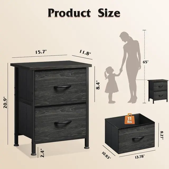 Alt view image 3 of 7 - WLIVE Night Stand, Small Dresser with 2 Drawers & Wooden Top, Nightstand with Fabric Bins, Bedside Table End Table for Bedroom, Closet, Entryway, College Dorm, Charcoal Black
