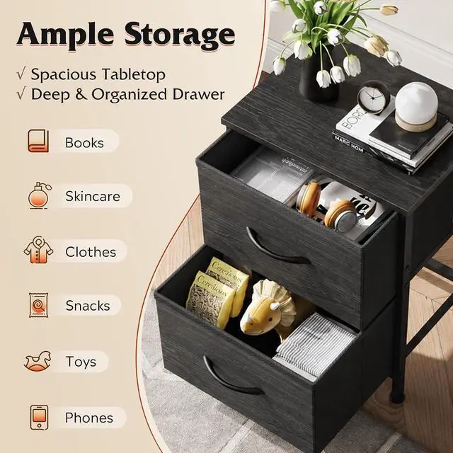 Alt view image 4 of 7 - WLIVE Night Stand, Small Dresser with 2 Drawers & Wooden Top, Nightstand with Fabric Bins, Bedside Table End Table for Bedroom, Closet, Entryway, College Dorm, Charcoal Black