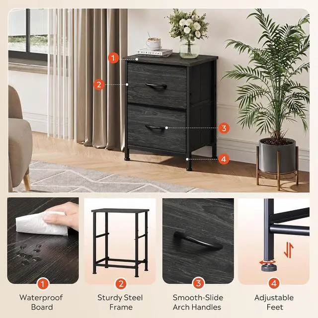 Alt view image 5 of 7 - WLIVE Night Stand, Small Dresser with 2 Drawers & Wooden Top, Nightstand with Fabric Bins, Bedside Table End Table for Bedroom, Closet, Entryway, College Dorm, Charcoal Black