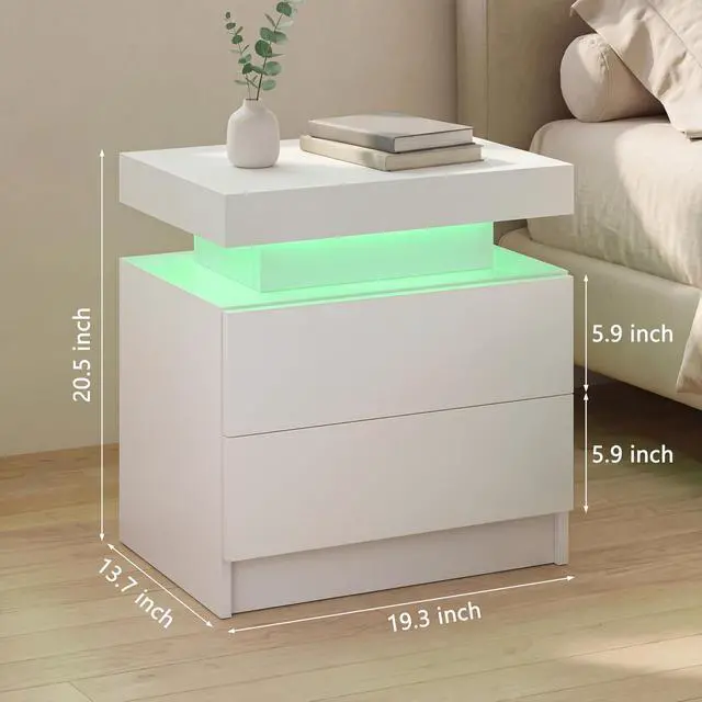 Alt view image 2 of 7 - i-aplus White Modern LED Nightstand Set of 2 with 2 Wood Drawer for Bedroom