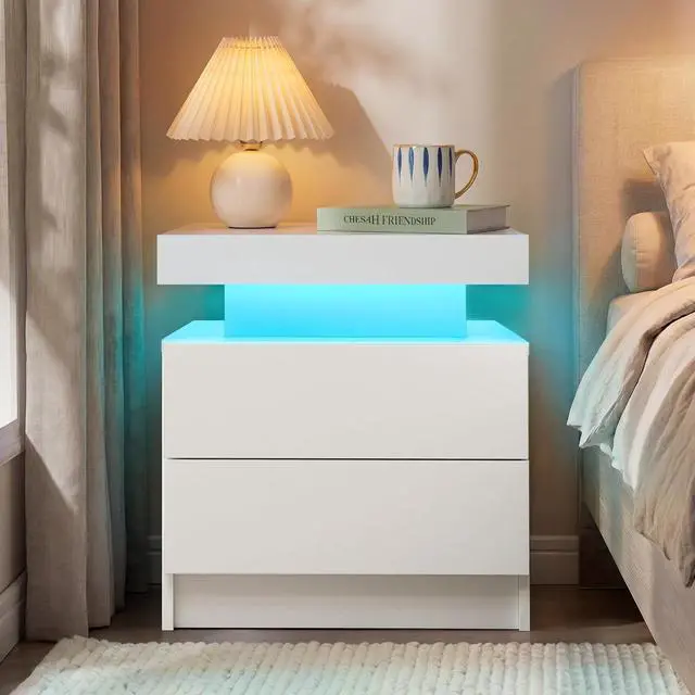 Alt view image 3 of 7 - i-aplus White Modern LED Nightstand Set of 2 with 2 Wood Drawer for Bedroom