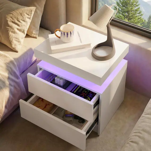 Alt view image 4 of 7 - i-aplus White Modern LED Nightstand Set of 2 with 2 Wood Drawer for Bedroom