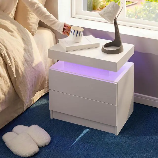 Alt view image 6 of 7 - i-aplus White Modern LED Nightstand Set of 2 with 2 Wood Drawer for Bedroom