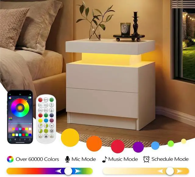 Alt view image 7 of 7 - i-aplus White Modern LED Nightstand Set of 2 with 2 Wood Drawer for Bedroom
