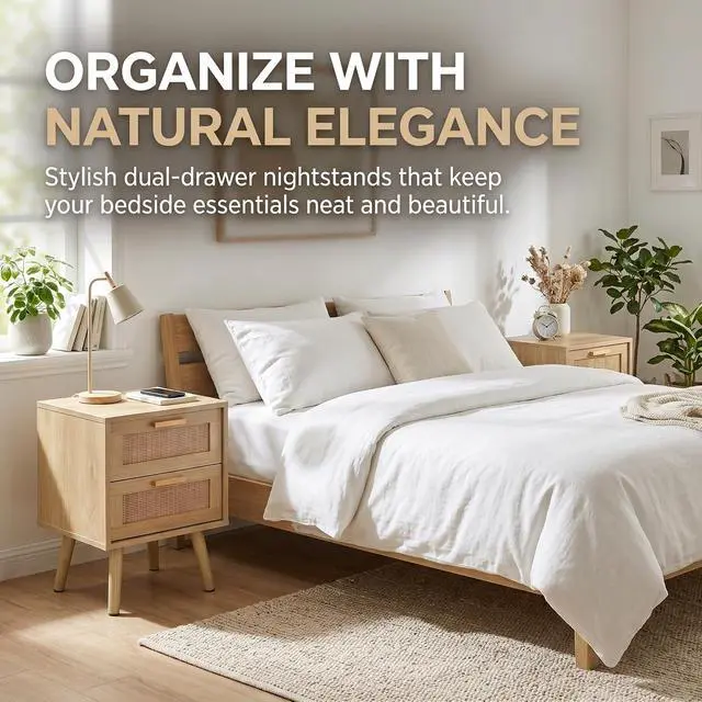 Alt view image 4 of 7 - Finnhomy Nightstands Set of 2, Night Stands Set 2 with Hand Made Rattan Decorated Drawers, Nightstand, End Table, Bedside Tables Set of 2 for Bedroom, Natural, 2 Pack