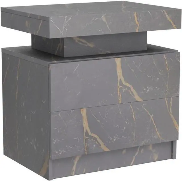 Alt view image 5 of 7 - Modern Gray Nightstand with 2 Drawer LED Bedside Table