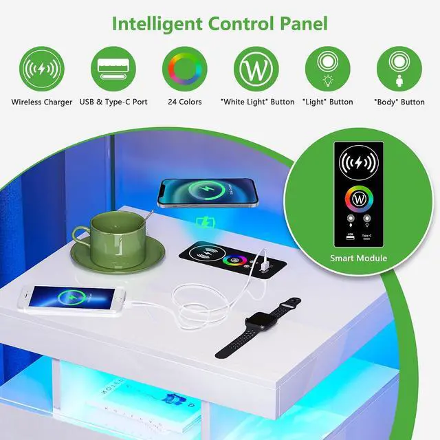Alt view image 3 of 7 - HNEBC White LED Nightstand with RGB Motion Sensor Lighting for Bedroom