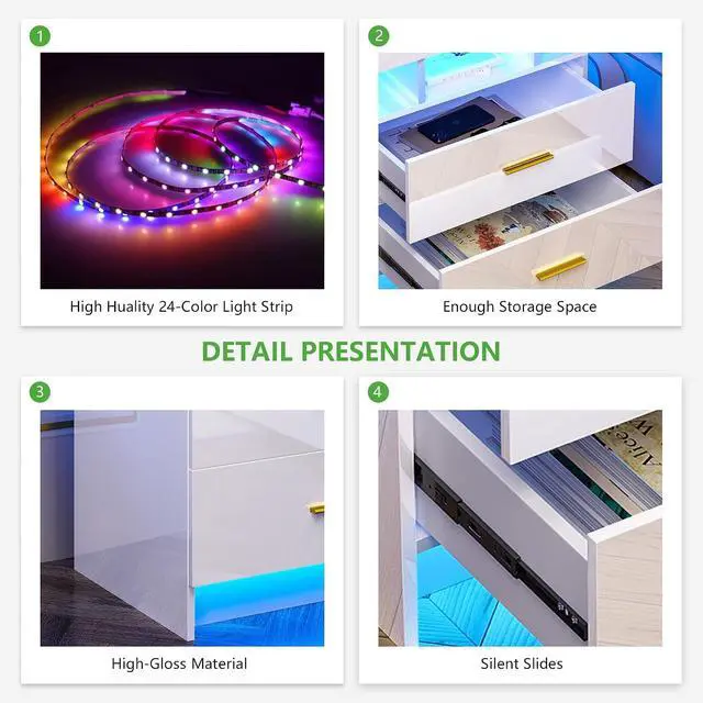 Alt view image 5 of 7 - HNEBC White LED Nightstand with RGB Motion Sensor Lighting for Bedroom
