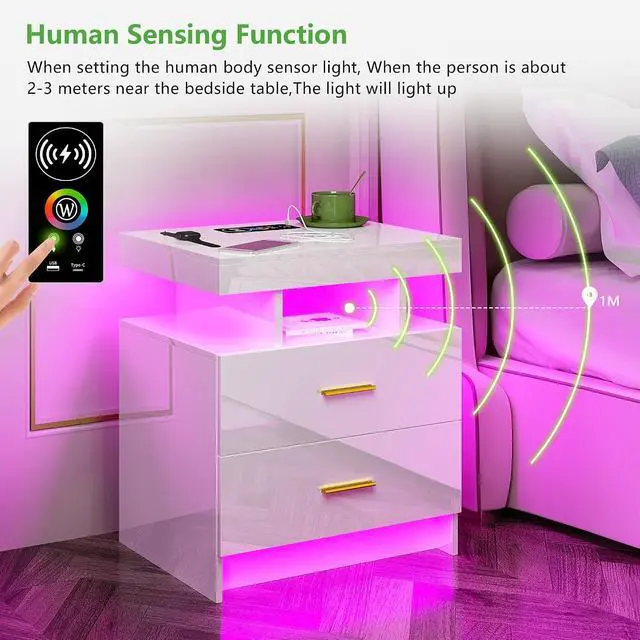 Alt view image 7 of 7 - HNEBC White LED Nightstand with RGB Motion Sensor Lighting for Bedroom