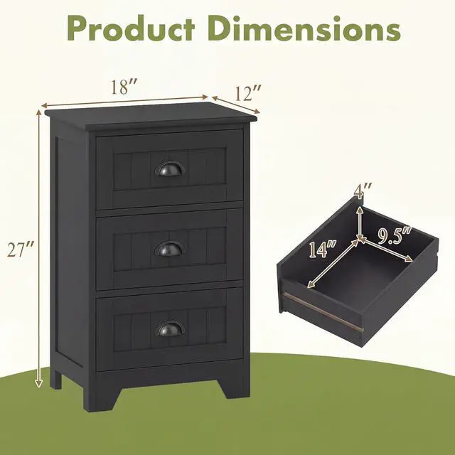Alt view image 3 of 7 - GIANTEX Nightstand with 3 Drawers, Bedside Table with Exquisite Metal Handles, Accent Table Sofa Side Table with Anti-toppling Device for Bedroom, Study, Black