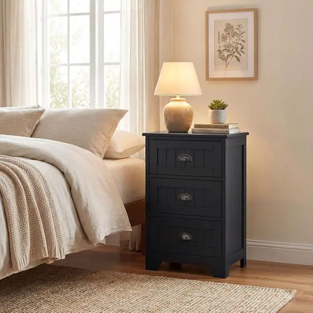 Alt view image 4 of 7 - GIANTEX Nightstand with 3 Drawers, Bedside Table with Exquisite Metal Handles, Accent Table Sofa Side Table with Anti-toppling Device for Bedroom, Study, Black