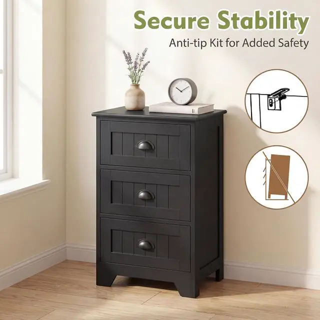 Alt view image 7 of 7 - GIANTEX Nightstand with 3 Drawers, Bedside Table with Exquisite Metal Handles, Accent Table Sofa Side Table with Anti-toppling Device for Bedroom, Study, Black