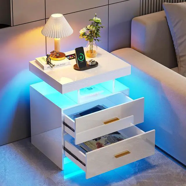 Main image of HNEBC LED Nightstand with Wireless Charging Station for Bedroom,White