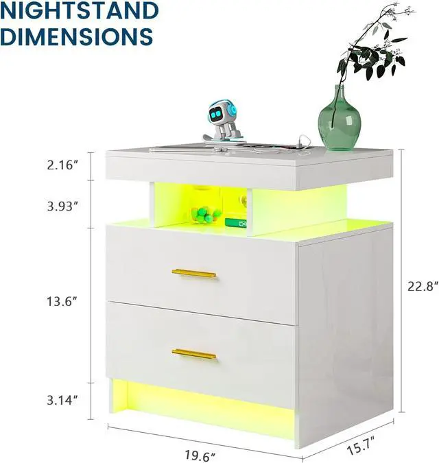 Alt view image 2 of 7 - HNEBC LED Nightstand with Wireless Charging Station for Bedroom,White