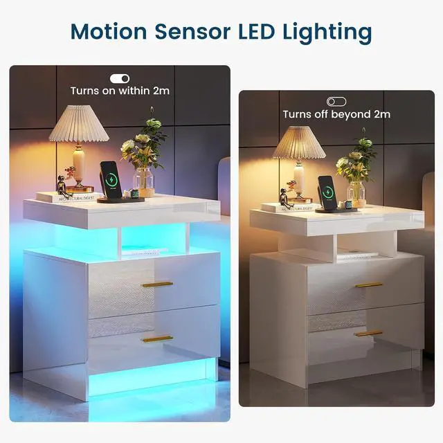 Alt view image 5 of 7 - HNEBC LED Nightstand with Wireless Charging Station for Bedroom,White