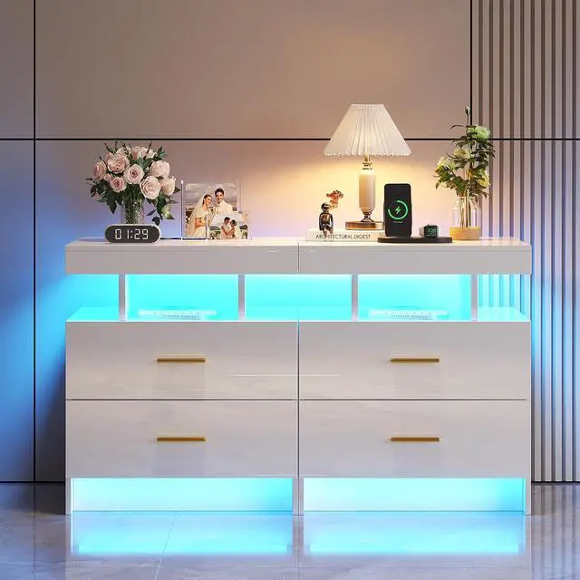 Alt view image 7 of 7 - HNEBC LED Nightstand with Wireless Charging Station for Bedroom,White