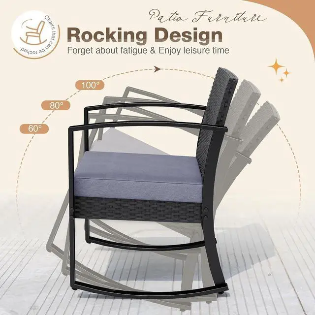 Alt view image 2 of 7 - Greesum 3 Pieces Outdoor Furniture Set Patio Bistro Rocking Chairs with Glass Coffee Table for Pool Beach Backyard Balcony Porch Deck Garden, Gray