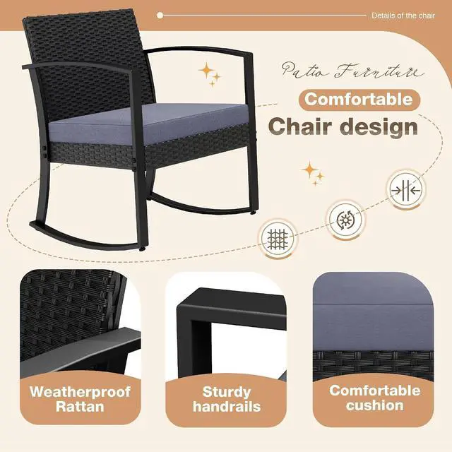 Alt view image 3 of 7 - Greesum 3 Pieces Outdoor Furniture Set Patio Bistro Rocking Chairs with Glass Coffee Table for Pool Beach Backyard Balcony Porch Deck Garden, Gray