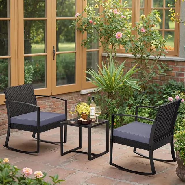 Alt view image 5 of 7 - Greesum 3 Pieces Outdoor Furniture Set Patio Bistro Rocking Chairs with Glass Coffee Table for Pool Beach Backyard Balcony Porch Deck Garden, Gray