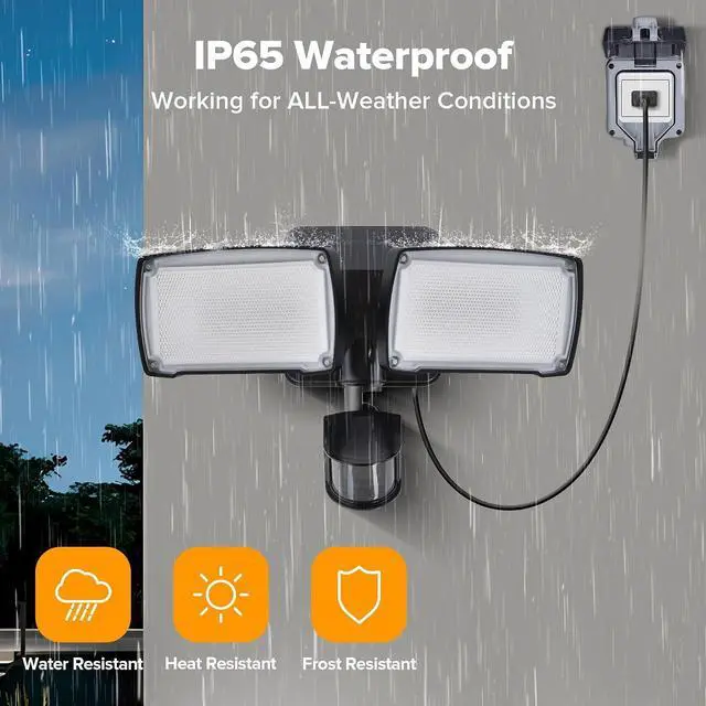 Alt view image 4 of 7 - LUTEC 21W Plug in Motion Sensor Light Outdoor, Flood Lights Outdoor Motion Sensor,2500LM, 5000K Daylight,IP65 Waterproof,Adjustable 2 Heads Wall Light for Garage, Porch, Yard - Black