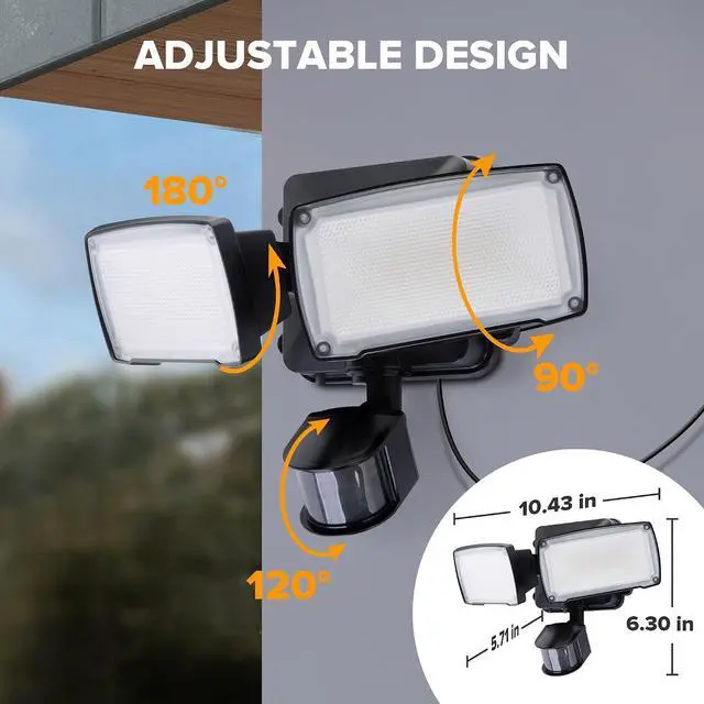 Alt view image 6 of 7 - LUTEC 21W Plug in Motion Sensor Light Outdoor, Flood Lights Outdoor Motion Sensor,2500LM, 5000K Daylight,IP65 Waterproof,Adjustable 2 Heads Wall Light for Garage, Porch, Yard - Black