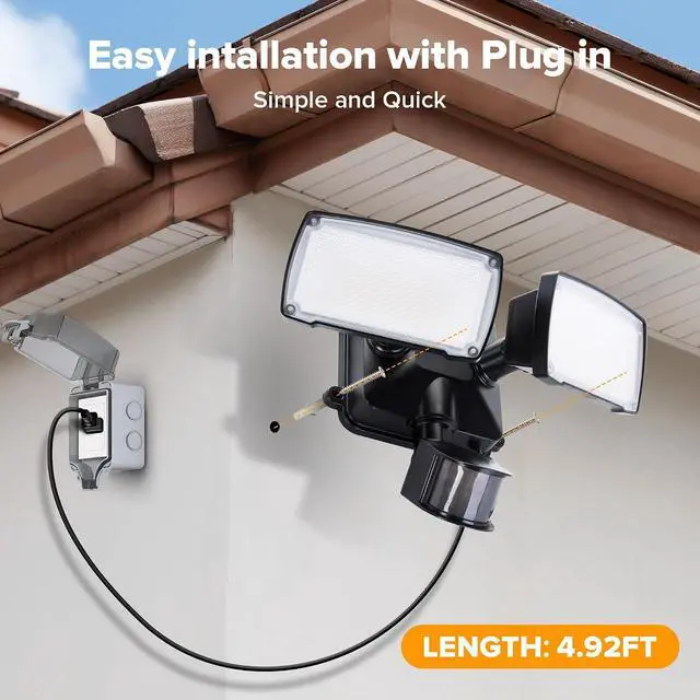 Alt view image 7 of 7 - LUTEC 21W Plug in Motion Sensor Light Outdoor, Flood Lights Outdoor Motion Sensor,2500LM, 5000K Daylight,IP65 Waterproof,Adjustable 2 Heads Wall Light for Garage, Porch, Yard - Black
