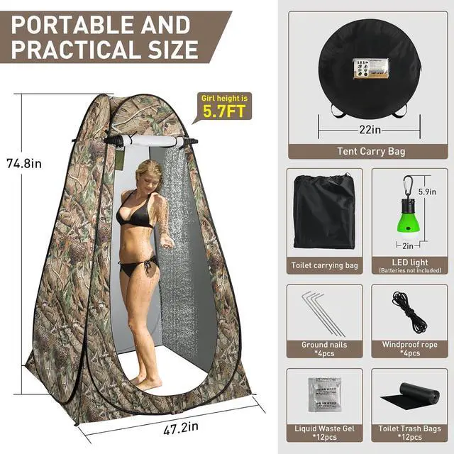 Alt view image 5 of 7 - Portable Camping Toilet with Pop-Up Privacy Tent, 12-inch Toilet Seat, Outdoor Portable Folding Toilet Potty for Adults Load Capacity of 400 Lbs, LED-Light Camping Bathroom