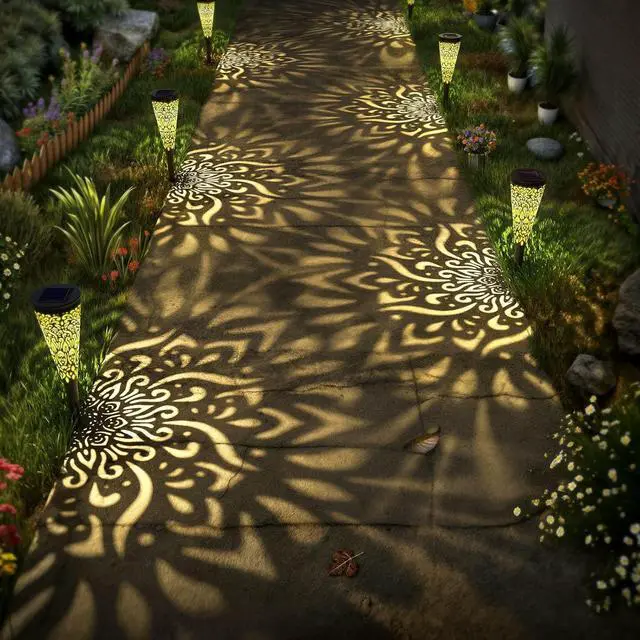 Alt view image 3 of 7 - gardencave 6 Pack Solar Lights Outdoor Garden Decorative Mandala Solar Garden Lights with Warm Light Waterproof Solar Pathway Landscape Lights for Path Patio Backyard Walkway Yard Lawn Decor (Black)