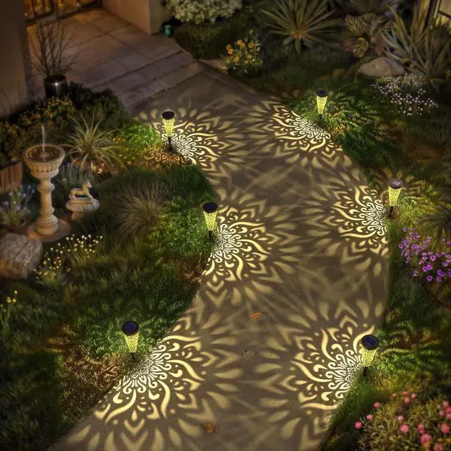 Alt view image 2 of 7 - gardencave 6 Pack Solar Lights Outdoor Garden Decorative Mandala Solar Garden Lights with Warm Light Waterproof Solar Pathway Landscape Lights for Path Patio Backyard Walkway Yard Lawn Decor (Black)